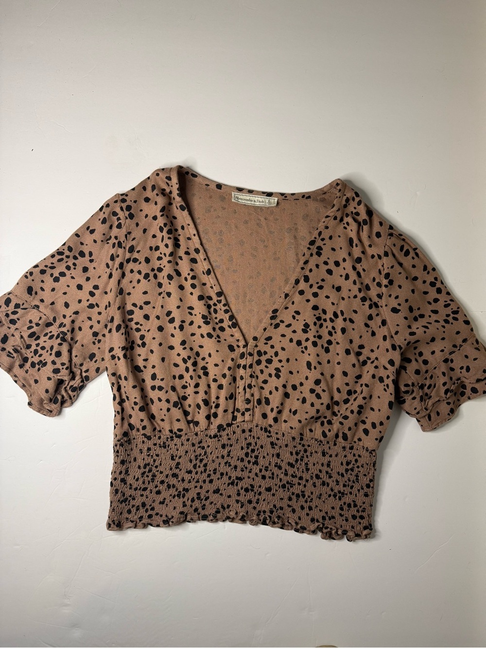 Abercrombie & Fitch Brown Spot Print V-Neck Smocked Waist Top